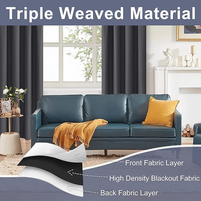 JIUZHEN Blackout Curtains for Bedroom - Thermal Insulated Room Darkening Rod Pocket Curtains for Living Room, Set of 2 Panels with Tiebacks, 42 x 84 Inch Length, Dark Grey