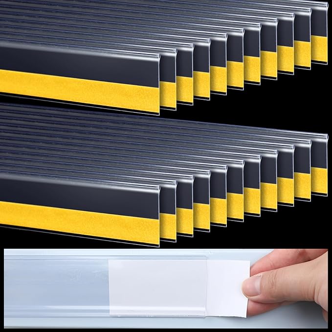 Fainne 25 Pcs Shelf Label Strips 1.5''H x 27 L Self Adhesive Shelf Label Holder Gondola Price Tag Stick on Plastic Clear Ticket Channel for Metal Wood Plastic Rack