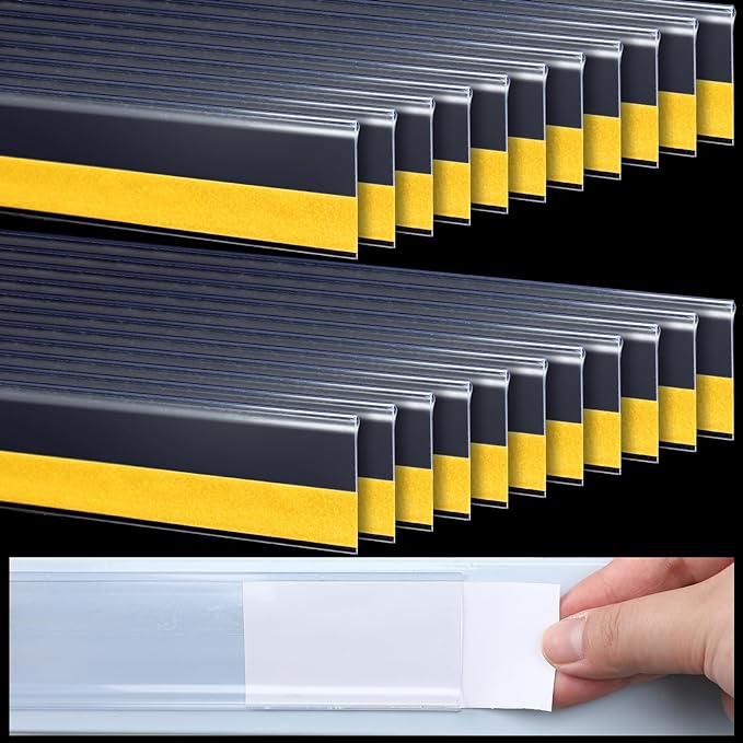 Fainne 100 Pcs Shelf Label Strips 1.5''H x 48 L Self Adhesive Shelf Label Holder Gondola Price Tag Stick on Plastic Clear Ticket Channel for Metal Wood Plastic Rack