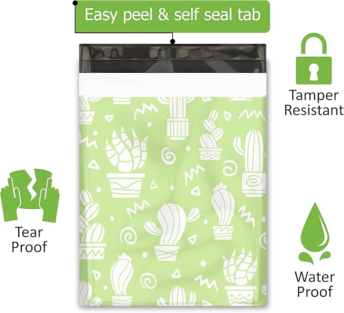 12x15 (50) Green Cactus Designer Poly Mailers Waterproof Self Sealing Tear Resistant Polymailers Shipping Envelopes Premium Printed Bags For Small Businesses