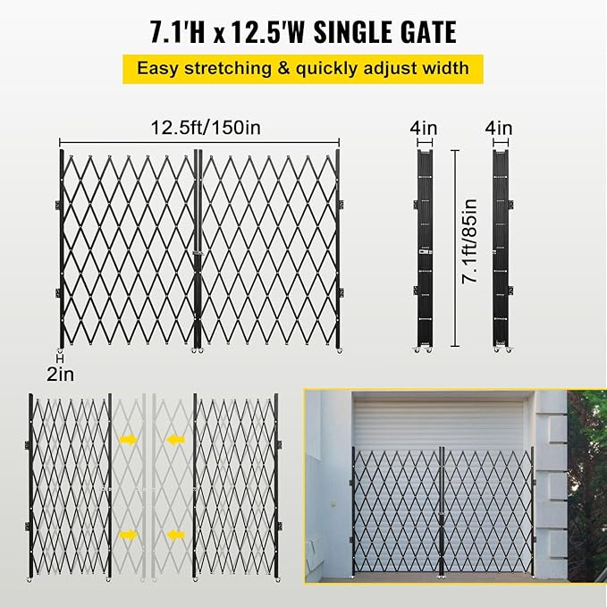 VEVOR Double Folding Security Gate, 87" H x 150" W Folding Door Gate, Steel Accordion Security Gate, Flexible Expanding Security Gate, 360° Rolling Barricade Gate, Scissor Gate or Door with Keys
