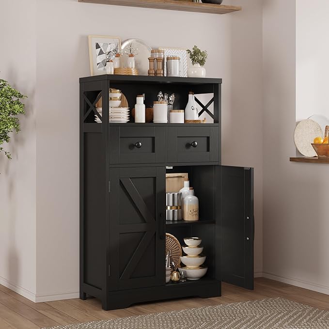 Black Farmhouse Kitchen Pantry Cabinet With Doors and Shelves, Coffee Bar Storage, Freestanding Floor Hutch Cupboard for Kitchen, Laundry, Living Room