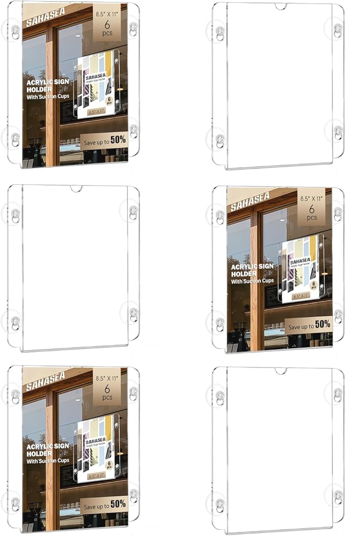 Acrylic Sign Holder 8.5 x 11, 6 Packs Flyer Holder for Business, Clear Sign Holder with Suction Cups for Menu, Notice, Frames Glass Door Window Display Stand for Store, Restaurant, Office
