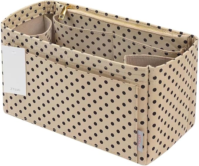 ZTUJO Purse Organizer Insert For Handbags, Silky Touching Bag Organizer Insert With Bottle Holder, Perfect for Speedy, Neverfull, Tote,ONTHEGO,Artsy,Handbag and More (small, Brown polk dots Beige)