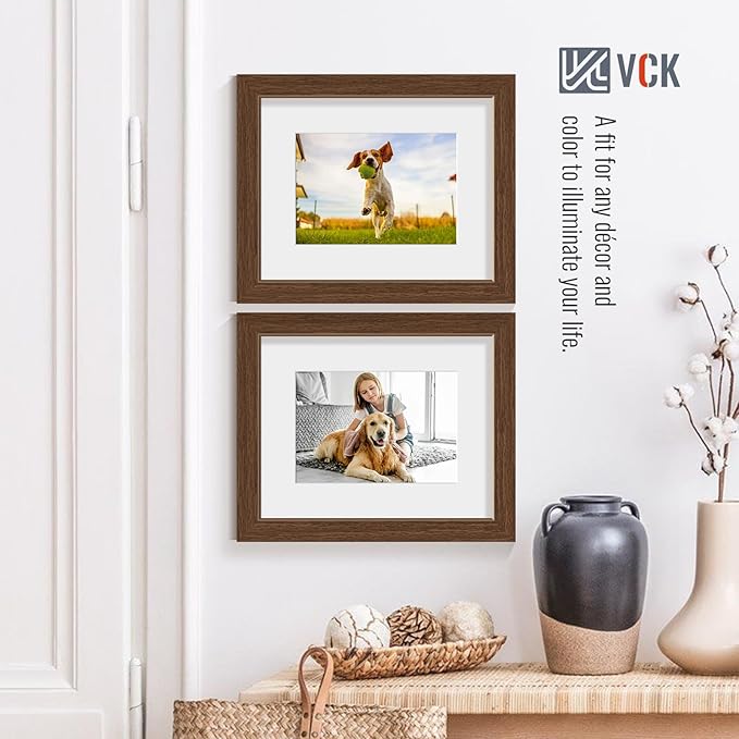 VCK 8x10 Picture Frame 5 Pack - Brown, High-End Wood Poster Frames with Tempered Glass, Display 5x7 Photo with Mat or 8x10 without Mat, Art Gallery-Quality, Wall Hanging/Tabletop, Brown
