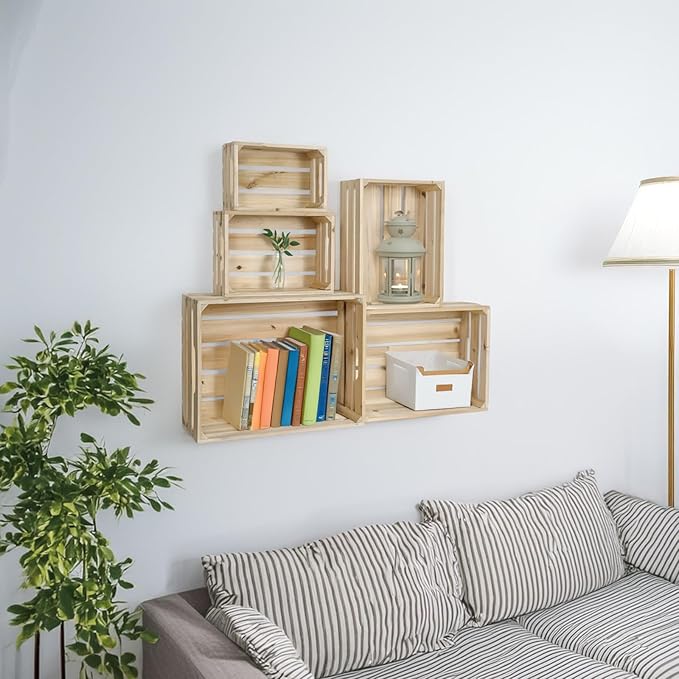 5-Piece Farmhouse Wooden Crate Set - Rustic Wooden Crates for Display and Storage, Large Natural Wood Decorative Crates, Farmhouse Apple Crates, Painted Wood Crates for Decor