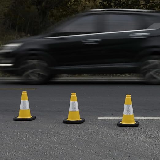 Fluorescent Orange/Green PVC Traffic Cones, Heavy Black Base Parking Lot Cone Structurally Stable Weatherproof Road Construction Safety Cones (8, Yellow, 12" Small)