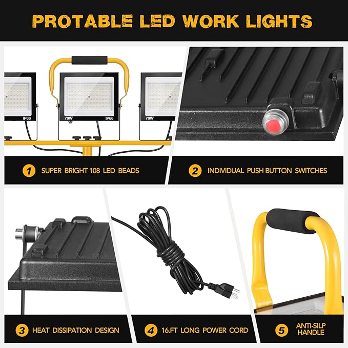 21000Lumen LED Work Lights with Stand, 3 Head Portable Work Light with 16ft Cord, Ip66 Waterproof Tripod Outdoor Work Light for Job Site Workshop Garage Construction Lights