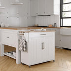 Kitchen Island with Storage, Wooden Rolling Kitchen Island On Wheels with Wood Top, Mobile Kitchen Bar Cart Cabinet with Towel Rack, Spice Rack and Drawers, White