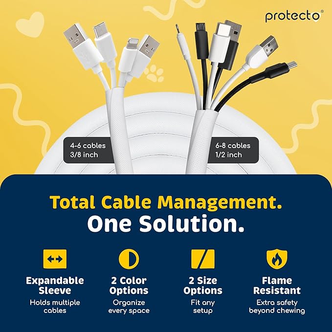 PROTECTO Heavy Duty Dog & Cat Cord Protector 10ft Long Sleeve, Easy-to-Use 3/8 in Cord Cover for Pet, Odorless White Color, No Chew Solution for Power, Audio & Video Wire Tubing, Fits 4-6 Cables