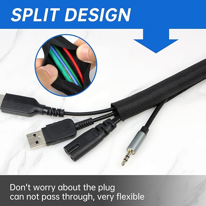 Split Braided Cable Sleeve，Flexible Wire Loom Tubing, Automotive Cord Protector Pet Proof, Cable Management for Computer TV Electric Wires Harness 16ft (Black, 10mm（3/8")