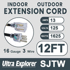 12 Ft Indoor Outdoor Black Extension Cord, 16/3 Heavy Duty Extension Cable, 3 Prong Grounded Plug with Lighted End for Appliance and Lawn, 13A, UL Listed