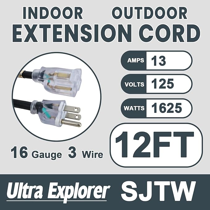 12 Ft Indoor Outdoor Black Extension Cord, 16/3 Heavy Duty Extension Cable, 3 Prong Grounded Plug with Lighted End for Appliance and Lawn, 13A, UL Listed