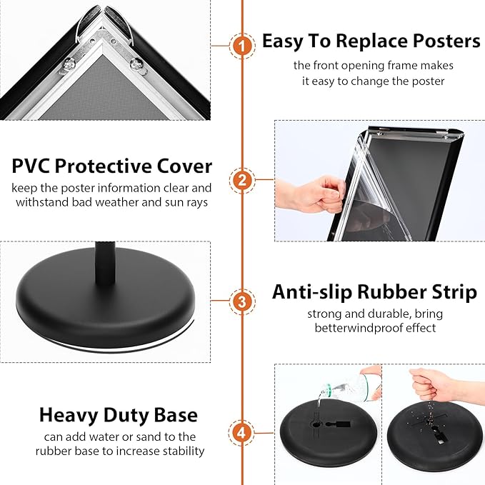 6 Pack Adjustable Sign Stand Holder 8.5'' x 11" Heavy Duty Floor Standing Sign with Base and Snap Open Frame Pedestal Stand for Indoor Outdoor Display Vertical Horizontal View(Square Corner)