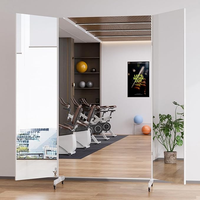 Full Length Stand Up Mirror on Wheels,79''×67'',Large Tri-Fold Floor Mirror with Stand,Movable 3-Way Full Length Standing Mirror for Gym, Dance Studio, Fitness Room, and Home (Whtie)
