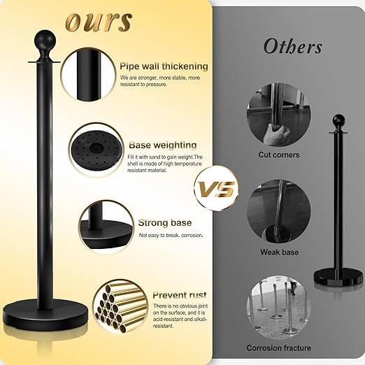 4PCS Black Stanchions Posts with 3PCS 5 ft Black Velvet Rope, Black Velvet Rope Stanchion Set Crowd Control Barriers, Stanchions and Velvet Ropes Red Carpet Poles for Party Supplies