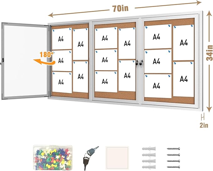Mifuro 70"x34" Enclosed Bulletin Board, Outdoor Lockable Weather-Resistant Aluminum Cork Noticeboard for School & Office, Silver Frame w/Cork
