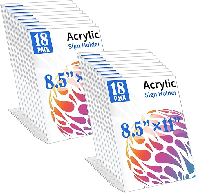 18 Pack Acrylic Sign Display Stand 8.5 X 11, L Shape Clear Plastic Sign Frame, Picture Photo Frame, Flyer Document Paper Holder for Office Desktop