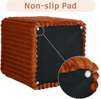 Modern Square Ottoman, Vertical Channel Tufted Foot Stool Ottoman, Velvet Upholstered Vanity Stool for Makeup, Bedroom, Living Room, Dark Orange