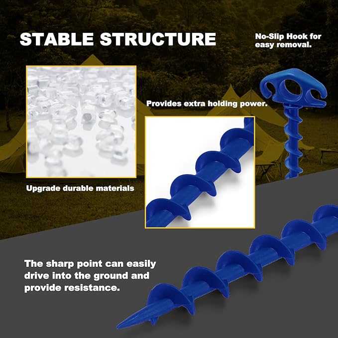 Tent Stakes Ground Anchors Screw in, 16 Pack Sand Stakes for Beach 9.4 Inch Heavy Duty Spiral Tent Pegs for Camping, Party, Hiking, Outdoor Decoration (16, Blue)