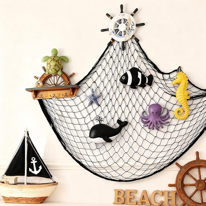 Decorative Fishing Net 80x40 Inch,Patioland Large Black Picture Fish Net, Wall Photo Hanging Fishnet for Nautical Mermaid Pirate Ocean Themed Hawaii Beach Under The Sea Party Decorations (1PCS)
