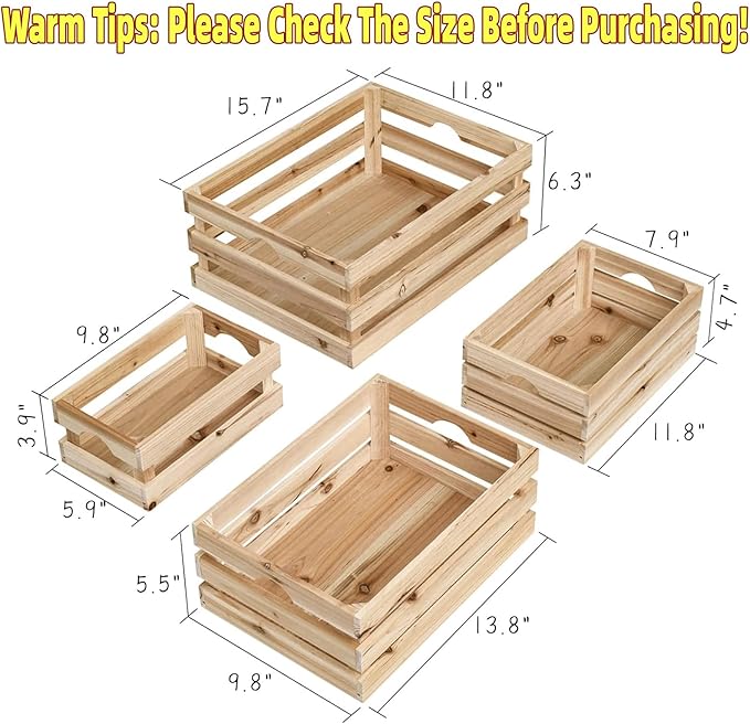 Large Wooden Crates Unfinished Set of 4 Decorative Storage Box with Handles, Rustic Farmhouse Wooden Crates for Display, Living Room Container Basket Box for Kitchen, Pantry, Bedroom
