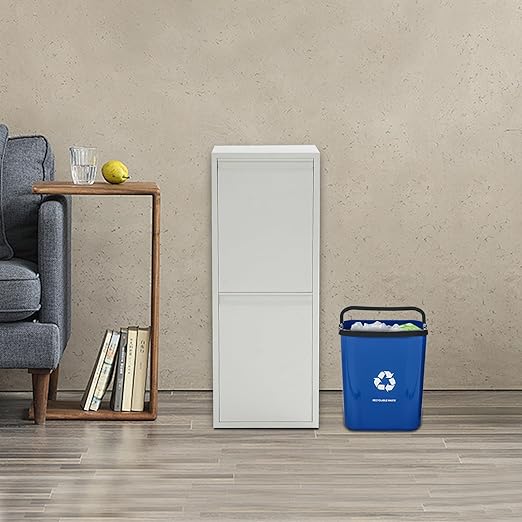 Recycling Trash Cabinet with 2 Bins & Tilt-Out Door – 15-Gallon Stainless Steel Organizer for Kitchen, Garage – Dual Waste Sorting System for Homeowners (White)