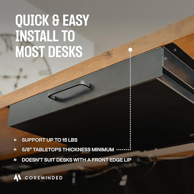 Under Desk Drawer Slide Out Attachment - Carbon Steel Undermount Table Drawer with Cable Management, Pull Out Add-On Storage for Office & Standing Desks (21.5" x 14" x 2.8")