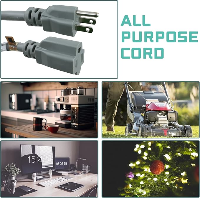 12 Ft Outdoor Extension Cord - 12/3 SJTW Heavy Duty Grey Extension Cable with 3 Prong Grounded Plug - Power Cord for Lawn, Garden, Appliances