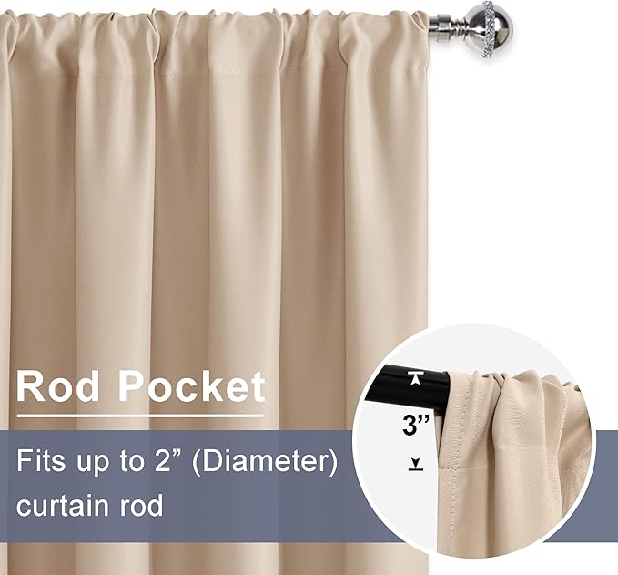 JIUZHEN Blackout Curtains for Bedroom - Thermal Insulated Room Darkening Rod Pocket Curtains for Living Room, Set of 2 Panels with Tiebacks, 52 x 90 Inch Length, Beige