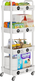Laiensia 4-Tier Storage Carts,Multifunction Utility Rolling Cart Kitchen Storage Organizer,Mobile Shelving Unit Cart with Lockable Wheels for Bathroom,Laundry,Living Room,With Classified Sticker,White