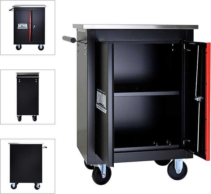 Rolling Tool Chest Box with 2 Doors and Adjustable Shelves, 22.2" D Movable Lockable Tool Cart Multi-Functional Hardware Storage Cabinet Box Auto Repair Locker