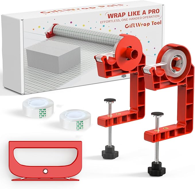 Tabletop Gift Wrapping Tool with Tape Dispenser & Cutter–2 Pack Adjustable Wrapping Paper Table Clamps with 2 Tapes–Perfect for Christmas, Holidays, and Crafting