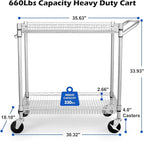 WDT 2 Tier Heavy Duty Utility Cart,NSF Rolling Carts with Wheels,660Lbs Capacity Storage Cart with Handle,Kitchen Carts on Wheels,Commercial Grade Metal Serving Cart with Shelves,35.63"x18.1"x 33.93"