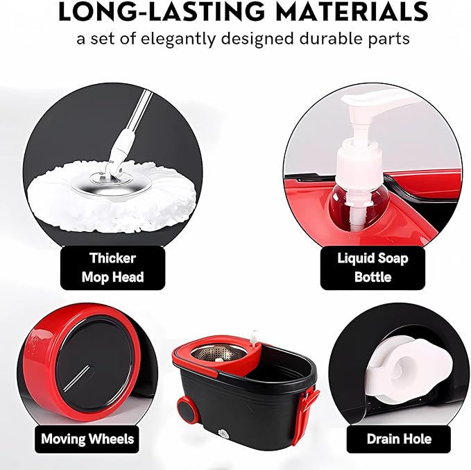 Mop and Bucket with Wringer Set, 360° Rotating Floor Mop Bucket on Wheels for Floor Cleaning, 3 Microfiber Mop Replacement Head Refills, 61"" Stainless Steel Extended Handle, Red&Black