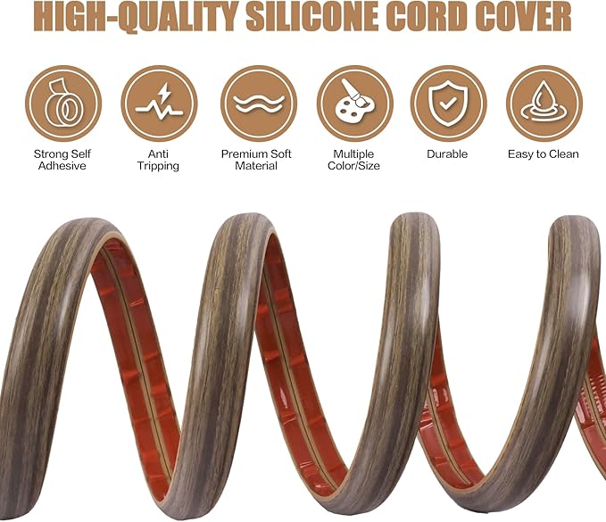 Floor Cord Cover Self Adhesive Cord Hider,3.3FT Cable Management, Extension Strip Protector for Wires, Prevent Cable Trips for Offices, Gyms, Exhibitions Cavity:0.3"(W) x 0.28"(H) Wood Walnut