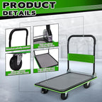 660lbs Large Size Heavy Duty Green Flatbed Cart, Folding Platform Hand Truck with 360° Swivel Silent Wheels, Steel Push Dolly for Warehouse & Moving