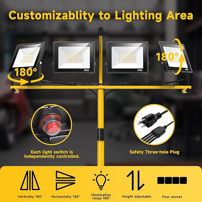 TOPRATED Plug In Led Work Light with Stand,28000 Lumen 110V 4 Adjustable Head Outdoor Flood Lights,Foldable Mechanic Light with 16.5Ft Power Cord,Portable Waterproof Tripod with Lamp for Workbench