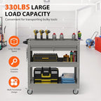3 Tier Rolling Tool Cart with Drawers, Heavy Duty Utility Cart on Wheels, Large Storage Capability Service Cart for Garage, Warehouse and Repair Shop (Grey)