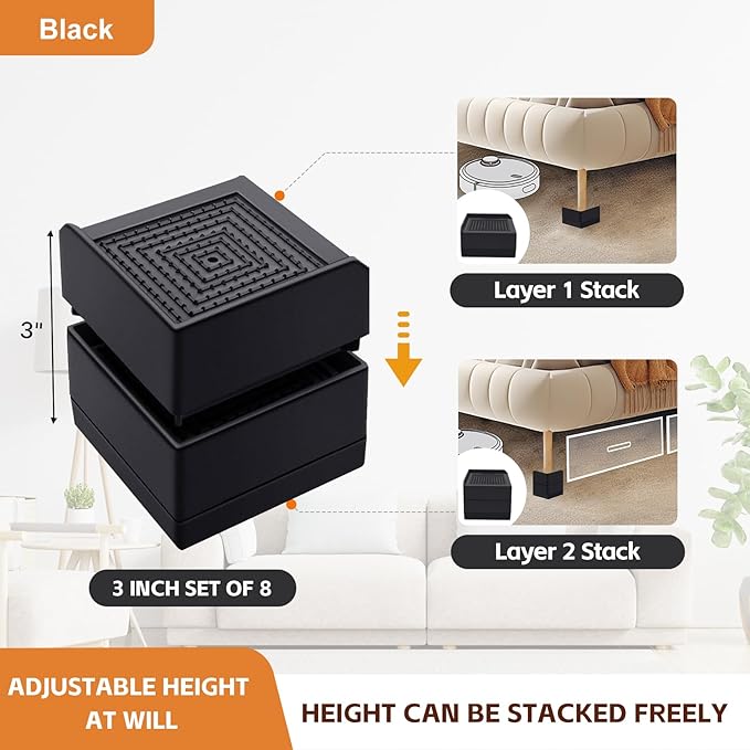 Bed Risers, Furniture Raise Blocks, 3 inch Stilts Heavy Duty for Bed Couch Desk Sofa Table Lifts, Furniture Legs Lifters Support up to 1300 Lbs (Black, 8 Pack Set)