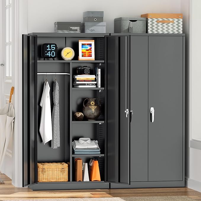 Greenvelly Metal Storage Wardrobe Cabinet with Lock,72" X 36" X 18" Clothing Locker Storage Cabinet,Employees Locker Closet Clothing Coat Wardrobe Cabinet with Hanging Rod for Garage,Home Office,Gym