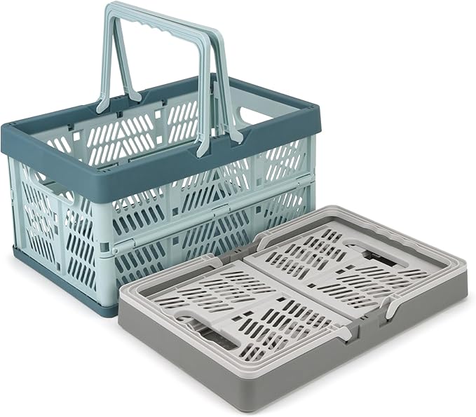 Domiella 2-Pack Foldable Storage Baskets, Collapsible PP Crates with Handles - 20L Capacity, Strong and Portable for Home Organization, Picnic and Shopping, Grey + Blue