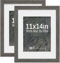 VCK 11x14 Picture Frame 2 Pack - Grey, High-End Wood Poster Frames with Tempered Glass, Display 8x10 Photo with Mat or 11x14 without Mat, Art Gallery-Quality, Wall Hanging, Grey