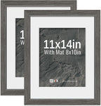 VCK 11x14 Picture Frame 2 Pack - Grey, High-End Wood Poster Frames with Tempered Glass, Display 8x10 Photo with Mat or 11x14 without Mat, Art Gallery-Quality, Wall Hanging, Grey