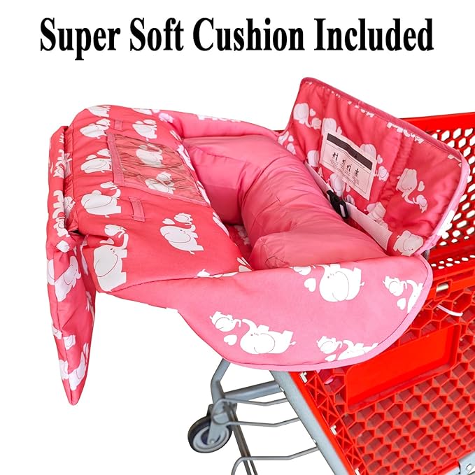 Love&go Soft Pillow Attached 2-in-1 Shopping Cart and High Chair Cover for Baby, Cotton Padded Cart Cover, Fold'n Roll Style, Portable with Carry Bag (Pink Elephant)
