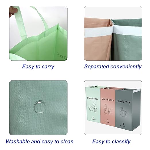Separate Recycling Bin for Kitchen Home - Indoor Recycle Bins (Pink, Green, Gray) Waste Trash Sorting Bins, Reusable Waterproof Affordable Recycle Bags, Pack of 3 Bags