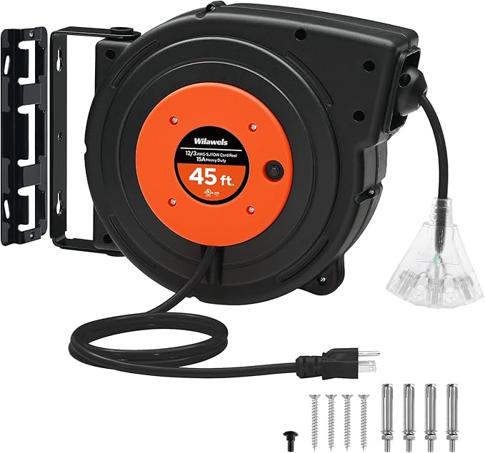 Retractable Extension Cord Reel, 45 FT Heavy Duty Power Cord, 12AWG/3C SJTOW, 3 Grounded Outlets Lighted Triple Tap, 15 Amp Circuit Breaker, UL Listed, Orange B45CR06