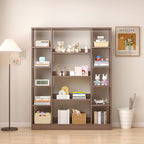 Cube Storage Bookcase with Base - Large Wooden Bookshelf with 10 Open Cubes and 4 Shelves for Home and Office, Freestanding Organizer, Walnut