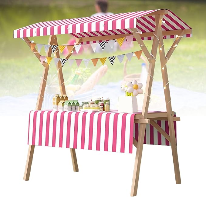 Collapsible Mobile Market Stall Carts Vendor on Wheels, Wood Outdoor Vendor Cart, Easy to Assemble for Parties, Birthdays, Weddings, Bar(Pink1,150cm/59in)