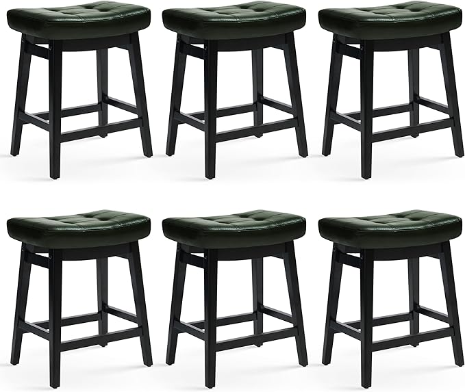 Counter Height Bar Stools Set of 6 for Kitchen Counter Farmhouse Modern Barstools with Faux Leather Upholstered Backless Seat and Solid Wood Legs 24 inch Bar Chairs, Green + Black